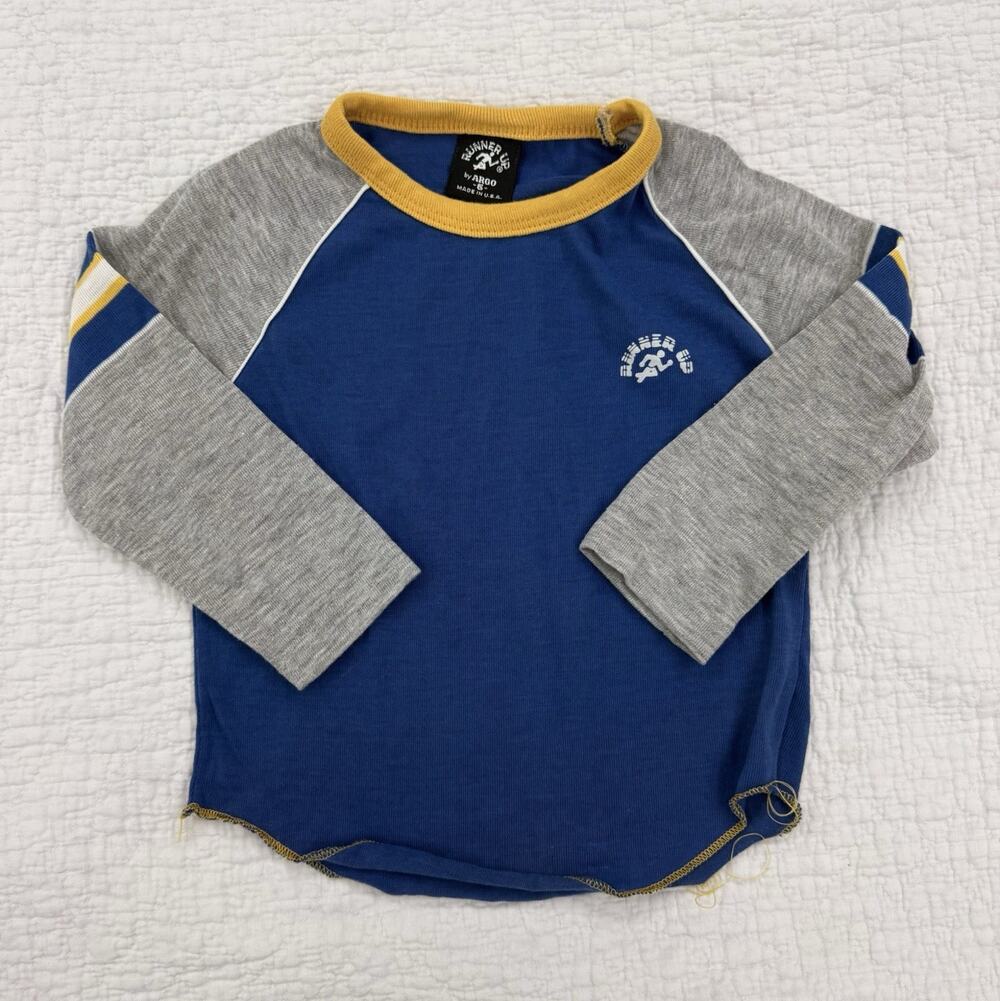 Vintage Boys Single Stitch Size 6 Blue Gray Yellow Logo Crew Neck Raglan Tee USA